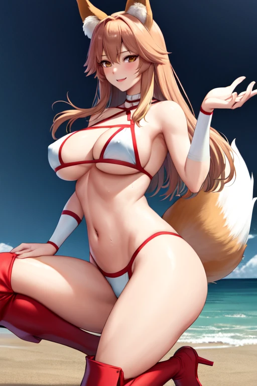 masterpiece, best quality, beautiful art, high resolution, well formed hands, body and fingers, 1 woman, solo, Tamamo No Mae, fox ears and fox tail, 31 years old, full body picture, grown up, adult, large and big breasted, cleavage, hair ornament, wearing a Tyris Flare outfit , white_bikini, full body, sexy and skimpy bikini, gorgeous hips, legs and thighs bouncing breasts, red boots, dancing seductively and erotically, twirling around, bikini thong, shaking her body alluringly, smiling joyfully, looking at the viewer, sweating , flirting, beach environment
