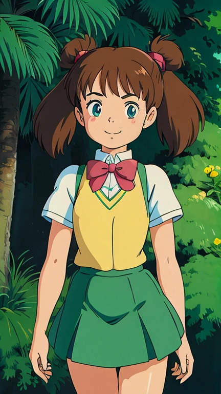 (1girl, solo, highly insanely detailed, masterpiece, top quality, best quality, highres, 4k, 8k, RAW photo),((innocent look)),((Childish)),From the front, symmetrical composition,smile,cute,Innocent,Kind eyes,Flat chest,Hairless vagina, Cameltoe,ghibli style,forest, YohkoMano,1girl,solo, hair rings,long twin tails, aqua eyes, school_uniform,short_sleeves,bowtie,green skirt,