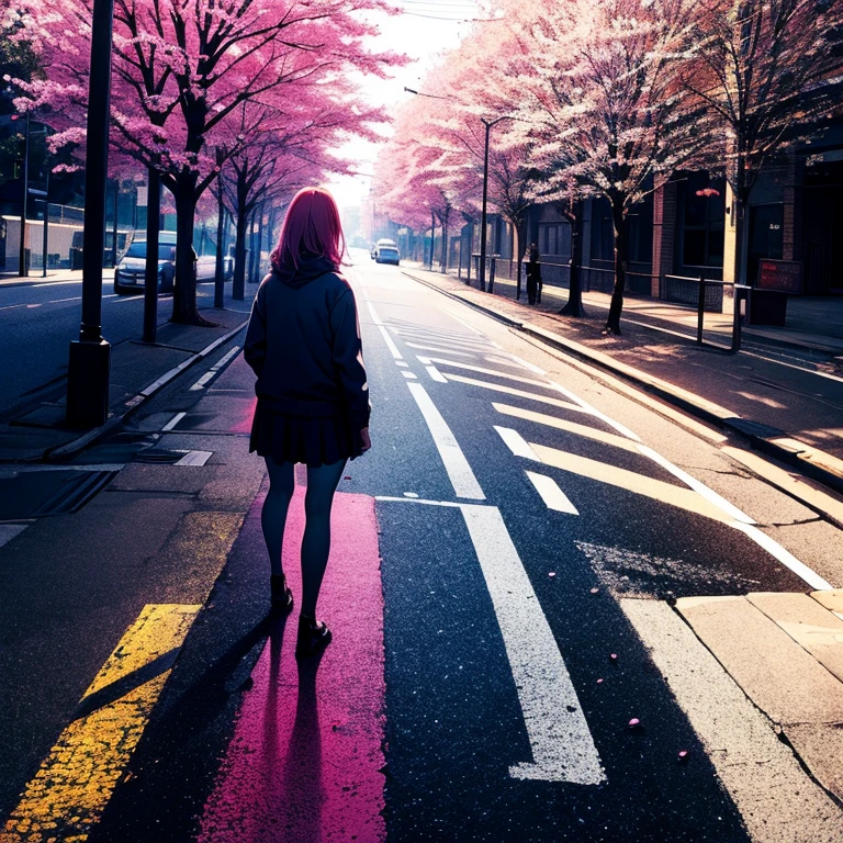 masterpiece, Best quality, ultra detailed, illustration, wide angle, 1 girl is standing in the middle of the road, One, The road in the middle and the pink cherry trees on the side of the road, whole body, 20s, pink hair, sweater, Short skirt, fashion,, composition, balance, harmony, rhythm, color, world, Shadow, reflection, fracture, tone, contrast, foreground, middle, background, naturalistic, figurative, representative.