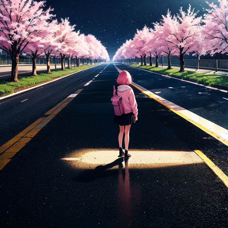 masterpiece, Best quality, ultra detailed, illustration, wide angle, 1 girl is standing in the middle of the road, One, The road in the middle and the pink cherry trees on the side of the road, whole body, 20s, pink hair, sweater, Short skirt, fashion,, composition, balance, harmony, rhythm, color, world, Shadow, reflection, fracture, tone, contrast, foreground, middle, background, naturalistic, figurative, representative.