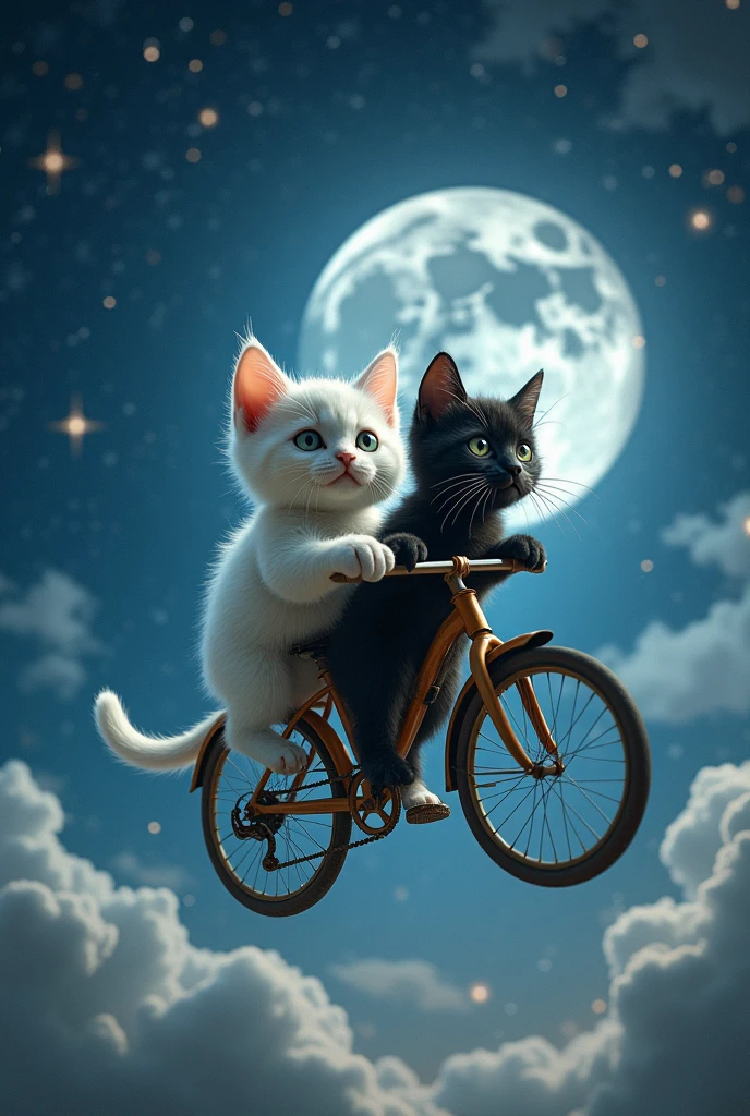 A white kitten and a black kitten riding a bicycle、Big head、Flying Bicycle、Full night sky、full moon