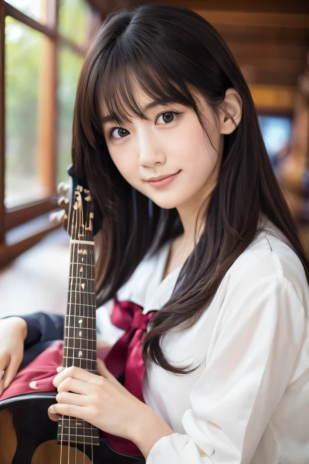 (Beautiful girl playing guitar:1.3), (Highest quality:1.4), (Very detailed), (Very detailed美しい顔), Laughing with your mouth open, (Baby Face:1.3), School uniforms, Short-sleeved sailor uniform, Please sit down, Great face and eyes, iris, Medium Hair, The Beauty of Japan, (Skinny body type:1.3), (Flat Chest:1.3), (Face close-up:1.2), classroom, Classmates in the back, Smooth, Very detailed CG synthesis 8k wallpaper, High-resolution RAW color photos, Professional photography, Light, BackLight, dream-like, impressive, Written boundary depth, School Area, (Photographed sideways from a distance:1.3)