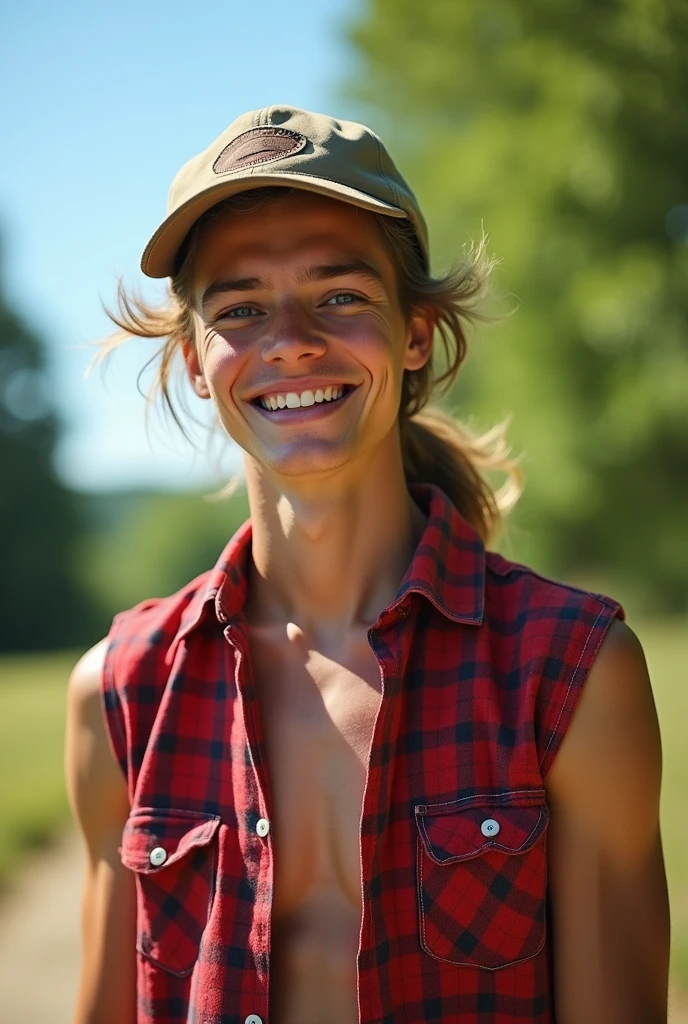 Portrait of Skinny redneck young man, ponytail, cap, red plaid sleeveless shirt, outdoors,