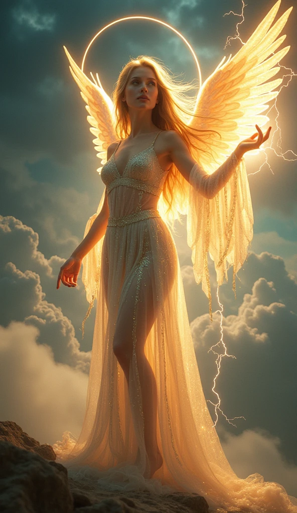 A beautiful female angel holding lightning in her hand, See-through costume, Halo