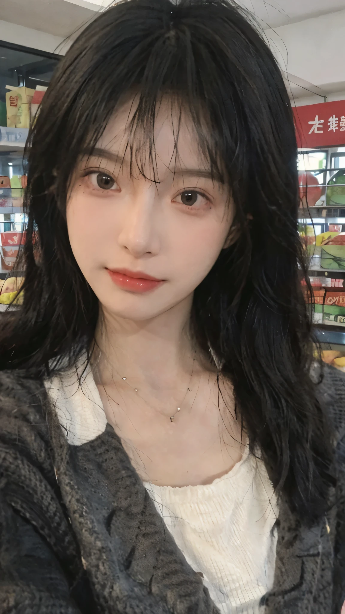 Best quality,Ultra-high resolution,(Realism:1.4),Cute hairpins,girll,Cropped black sweater,Look directly at the audience,Full of atmosphere,Beautiful woman with a slim figure:1.4,supermarket,whole body,Super delicate face,Exquisite eyes,Double eyelids,necklace