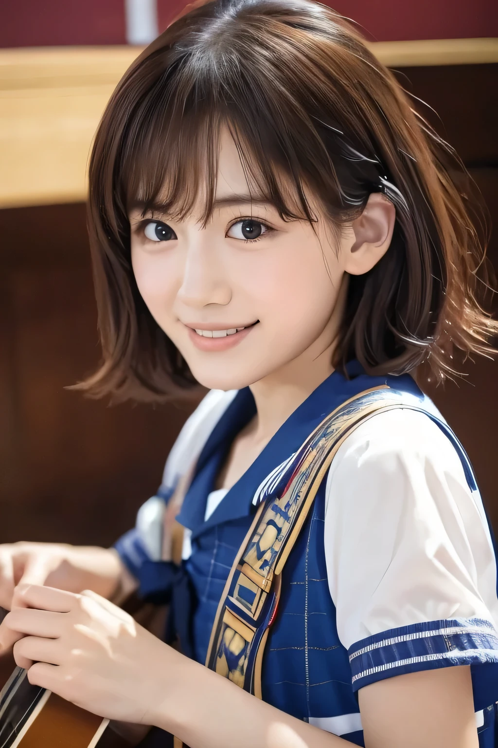 (Beautiful girl playing guitar:1.3), (Highest quality:1.4), (Very detailed), (Very detailed美しい顔), Laughing with your mouth open, (:1.3), School uniforms, Short-sleeved sailor uniform, Please sit down, Great face and eyes, iris, Medium Hair, The Beauty of Japan, (Skinny body type:1.3), (Flat Chest:1.3), (Face close-up:1.2), classroom, Classmates in the back, Smooth, Very detailed CG synthesis 8k wallpaper, High-resolution RAW color photos, Professional photography, Light, BackLight, dream-like, impressive, Written boundary depth, School Area, (Photographed sideways from a distance:1.3)