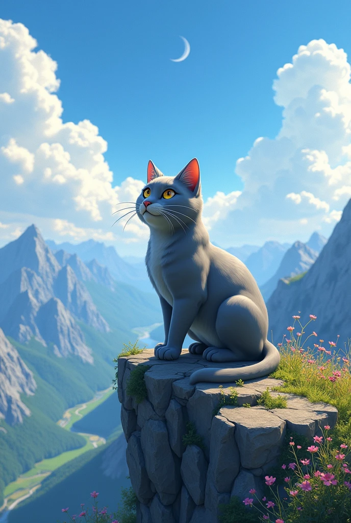 The gray animated kitten grown into a strong, confident cat, standing on a mountaintop, symbolizing triumph and fulfillmen