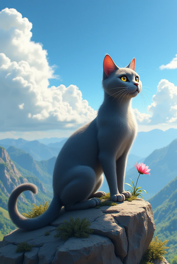 The gray animated kitten grown into a strong, confident cat, standing on a mountaintop, symbolizing triumph and fulfillmen