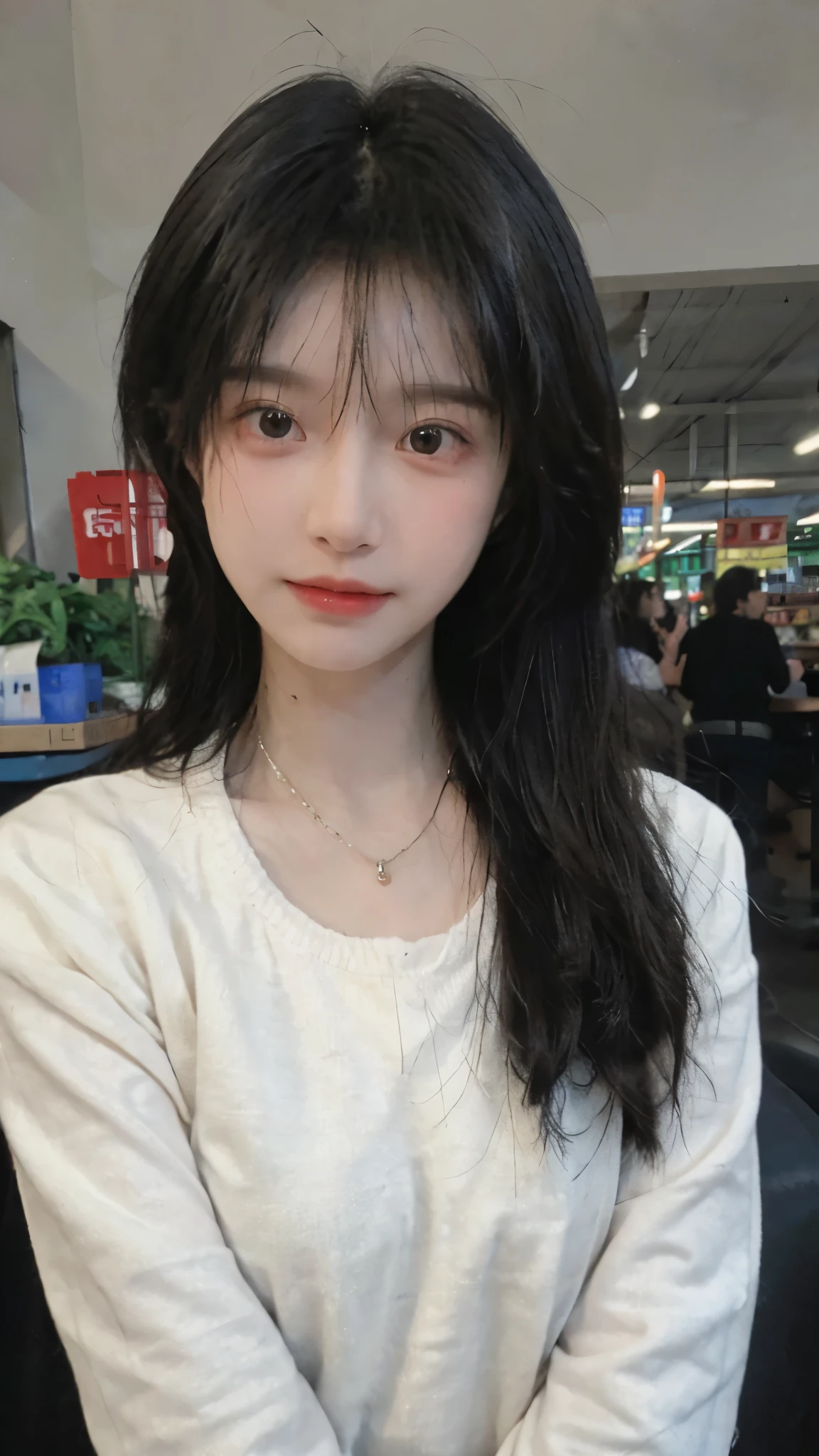 Best quality，Ultra-high resolution,(Realism:1.4)，Cute hairpins，girll,Cropped black sweater，Look directly at the audience，Full of atmosphere，Beautiful woman with a slim figure:1.4，supermarket，whole body，Super delicate face，Exquisite eyes，Double eyelids，necklace