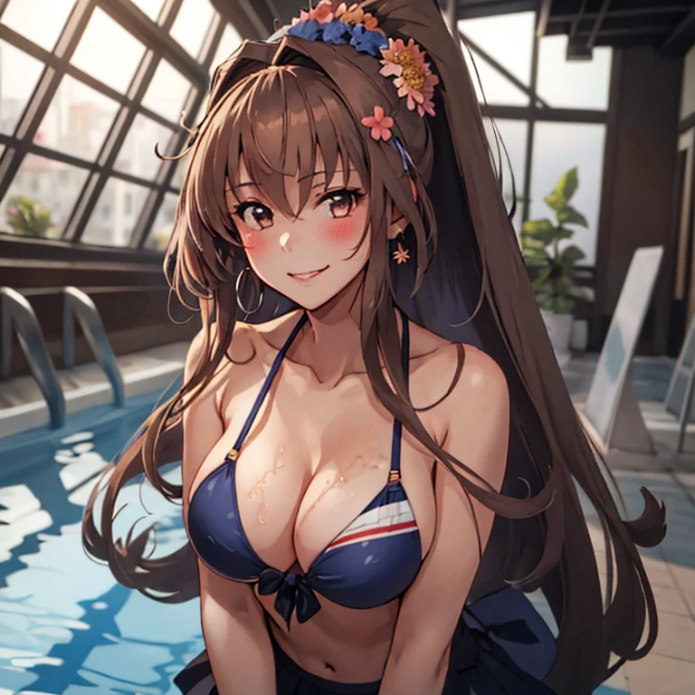 yamato_kantaicollection, long_hair, brown_hair, ponytail, hair_ornament, flower, hair_flower, brown_eyes, smile, breasts, large_breasts, very_long_hair, blush, hair_between_eyes, KonishiCSA,(masterpiece:1.4),(best quality:1.4), (amazing), (great illustration:1.4), (ultra-detailed:1.4), (art CG, 8K),full body,1girl solo,
(rei no pool:1.4),bikini,