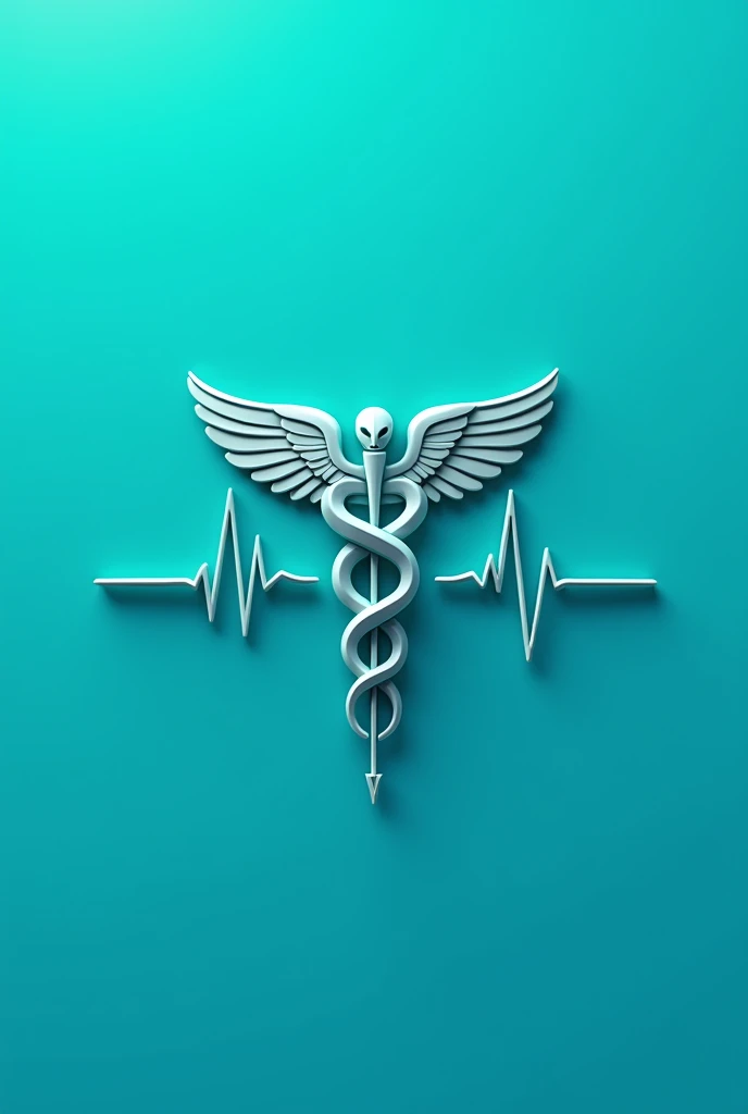 I want a medical snake with a blue-green background, with the medicine bar and that it is more of a logo than an image with wings, and that it is the design for the health area that is thick for computer screens and has an electrocardiogram crossed through it, the image is 1000 px high by 3000 px wide, the background is a single color with no dilutions, the entire background is a single color, no lighter or darker, all the same.
