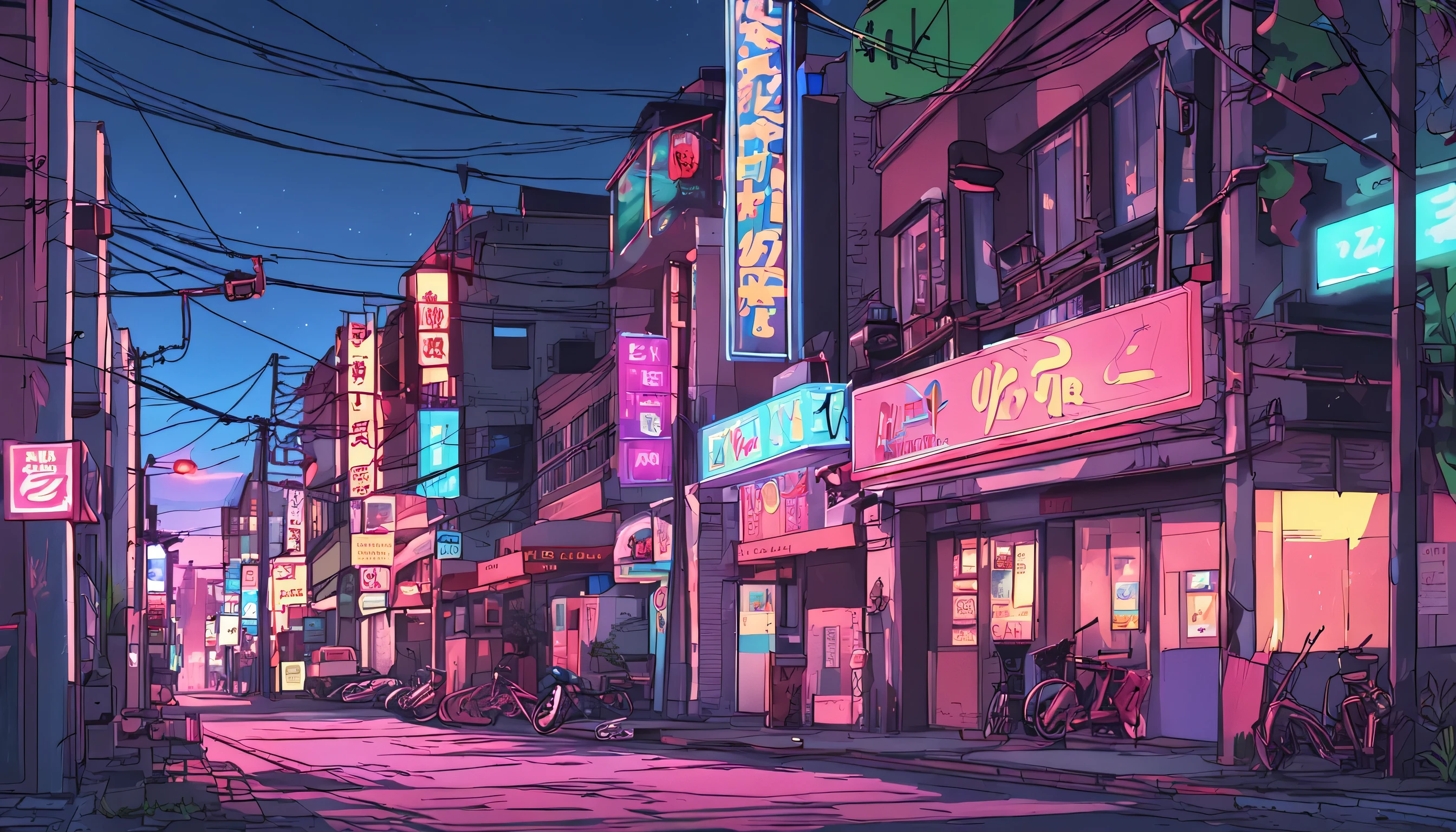 Scène animée de rue avec enseignes au néon et bâtiments, louer hip hop, louer artstyle, louer art, Chillhop, louer, fond de film d&#39;animation, koto non ha non niwa, fond d&#39;anime, louer aesthetic, Avec Studio Anime, louer album art, Technologie Rophy, louer vibes, louer feel, Lofivibe