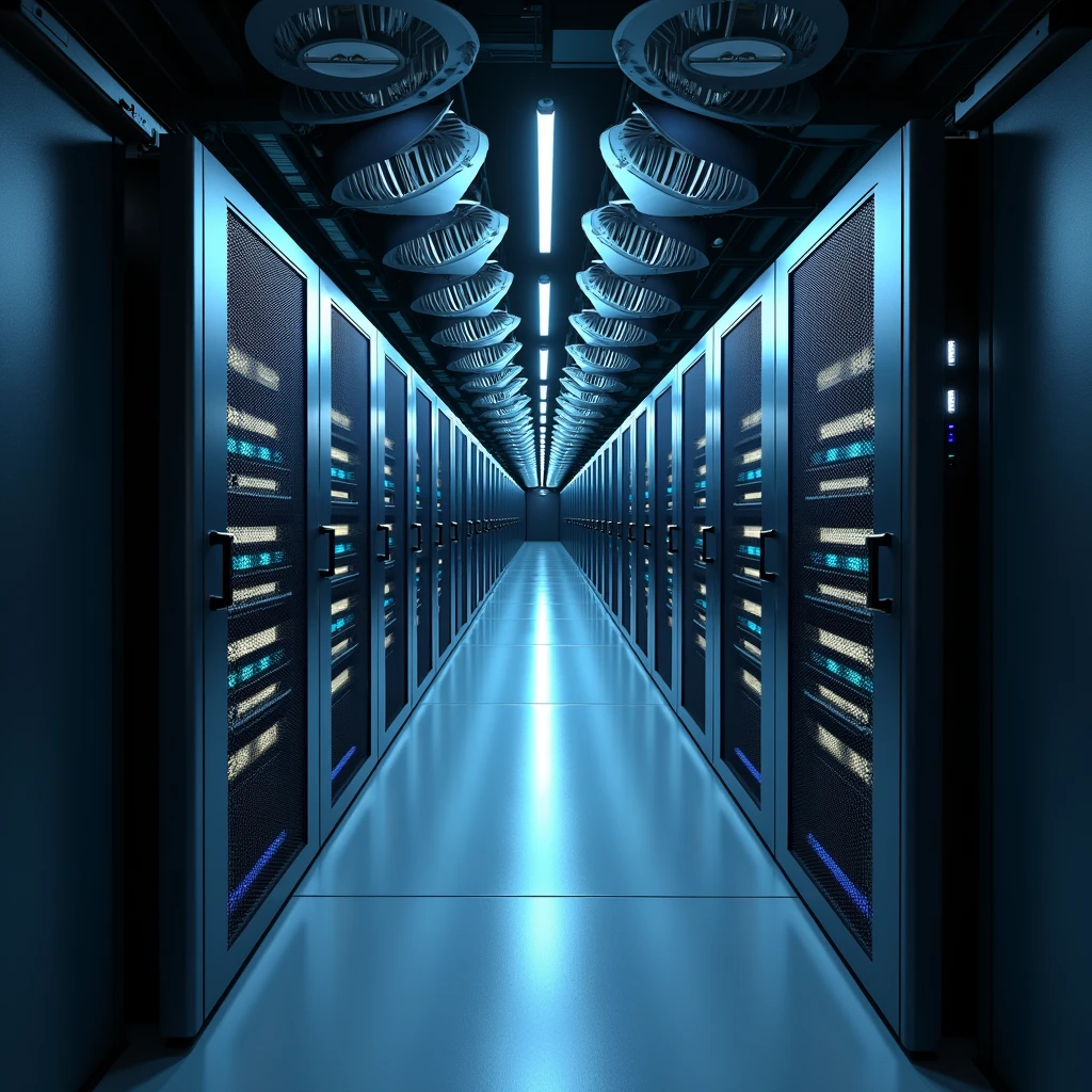 modern datacenter container viewed from slightly above. The long sides of the container have multiple air fans. One side pulls air in, and the opposite side expels it. Inside, there is a single row of server racks running through the middle of the container, from one short side to the other.