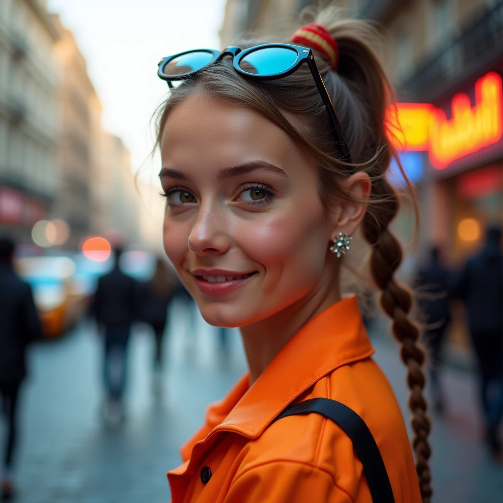 Beautiful stylish, a fashionable girl looks at the viewer with a funny question. , facial expression, questioningly, With an amazing, smiling , funny with a question when,what where,?    a high resolution, photo realistic, 8k, depth of field, 