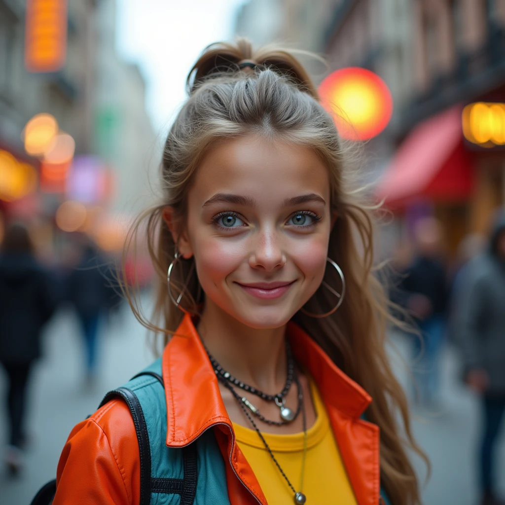 Beautiful stylish, a fashionable girl looks at the viewer with a funny question. , facial expression, questioningly, With an amazing, smiling , funny with a question when,what where,?    a high resolution, photo realistic, 8k, depth of field, 