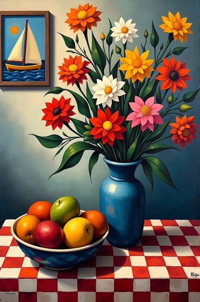still life cubist painting of a vase with flowers, a picture of a sailboat on the wall, and a table with a checkerboard table cloth with a bowl of fruit, in the style of Juan Gris