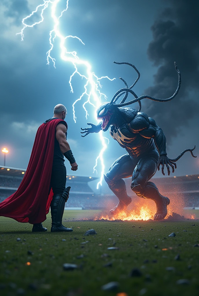 Thor unleashes a massive bolt of lightning from Mjolnir, aiming it directly at Venom. The lightning strikes Venom, sending him crashing into the cricket pitch, leaving a smoking crater where he lands.