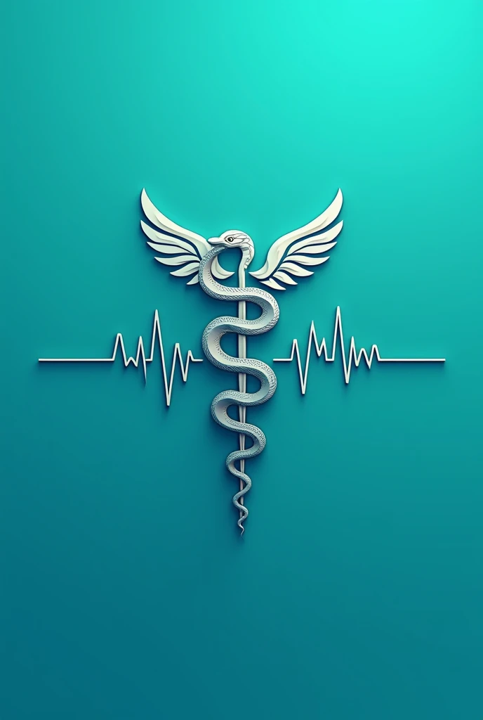 I want a medical snake with a blue-green background, with the medicine bar and that it is more of a logo than an image with wings, and that it is the design for the health area that is thick for computer screens and has an electrocardiogram crossed through it, the image is 1000 px high by 3000 px wide, the background is a single color with no dilutions, the entire background is a single color, no lighter or darker, all the same.

