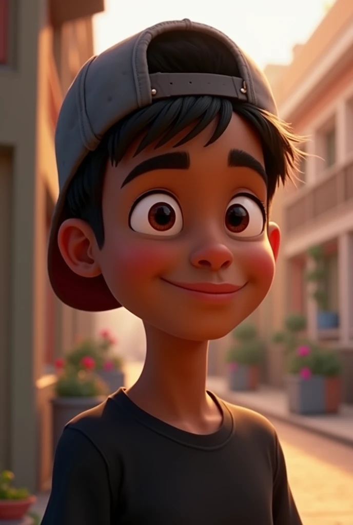 ( male character) a young boy animated film in the Disney Pixar style, high qualiy, best quality , pretty face dark skin, short and straight hair , beautiful eyebrow , wears black shirt , wears a cap backwards, he's talking to a beautiful, attractive blonde, spoiled girl , in the neighborhood , young people talking