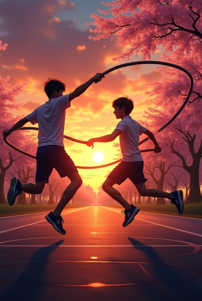 Please depict a silhouette of Japanese high school boys doing double dutch.。Double Dutch is、It is a type of skipping rope that uses two ropes.。This competition is、Two people cross and spin two ropes.、In it, one or more people jump rhythmically.。