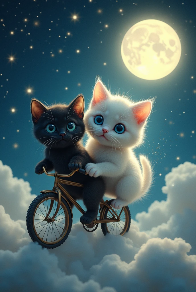 A white kitten and a black kitten riding a bicycle、Big head、Flying Bicycle、Full night sky、full moon、silhouette