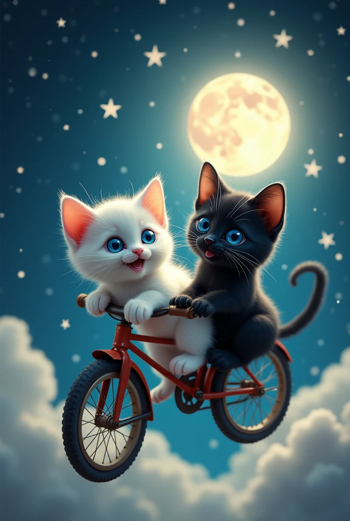 A white kitten and a black kitten riding a bicycle、Big head、Flying Bicycle、Full night sky、full moon、silhouette