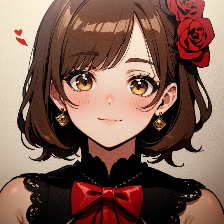 8 K, RAW photo, Fujifilm, stylish photo of a beautiful 45-year-old woman, Square face, A red rose on the neck, wear a black lace dress with red, Golden earrings, strong facial features, like a spinning dove, (very detailed skin: 1.2), Medium brown hair with highlights, granularity, 35 mm, cute style