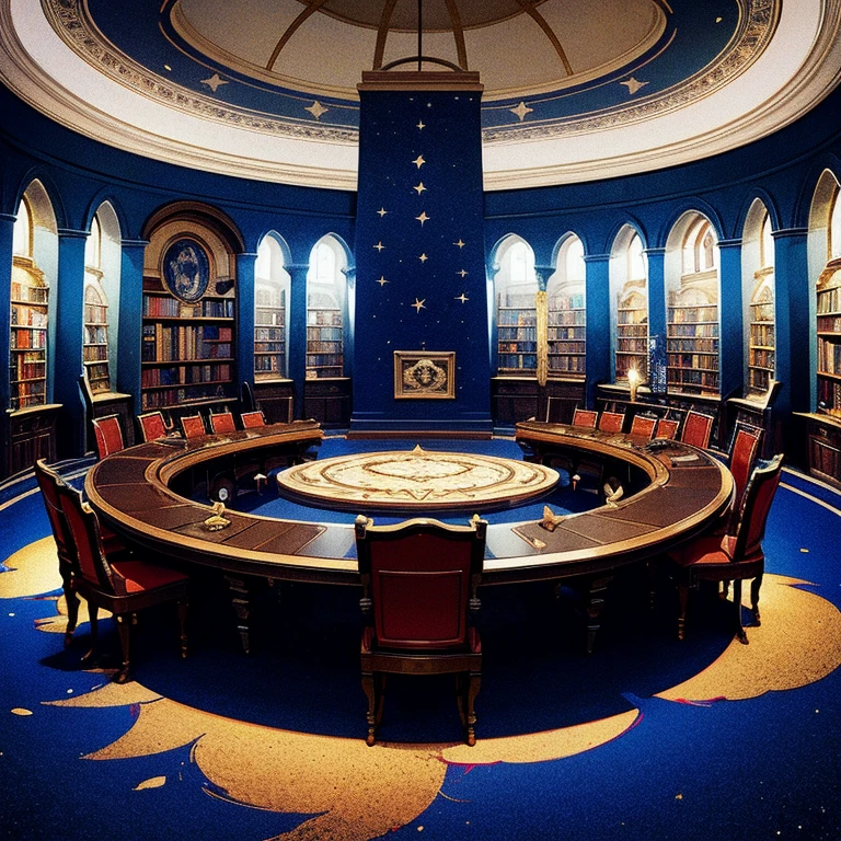 Castle towers, Harry Potter, Ravenclaw, Salons, arched windows, Blue silk hangs on the walls, Domed ceilings, Painted with stars, dark blue carpets with stars, tables, chairs, bookshelves on the floor  