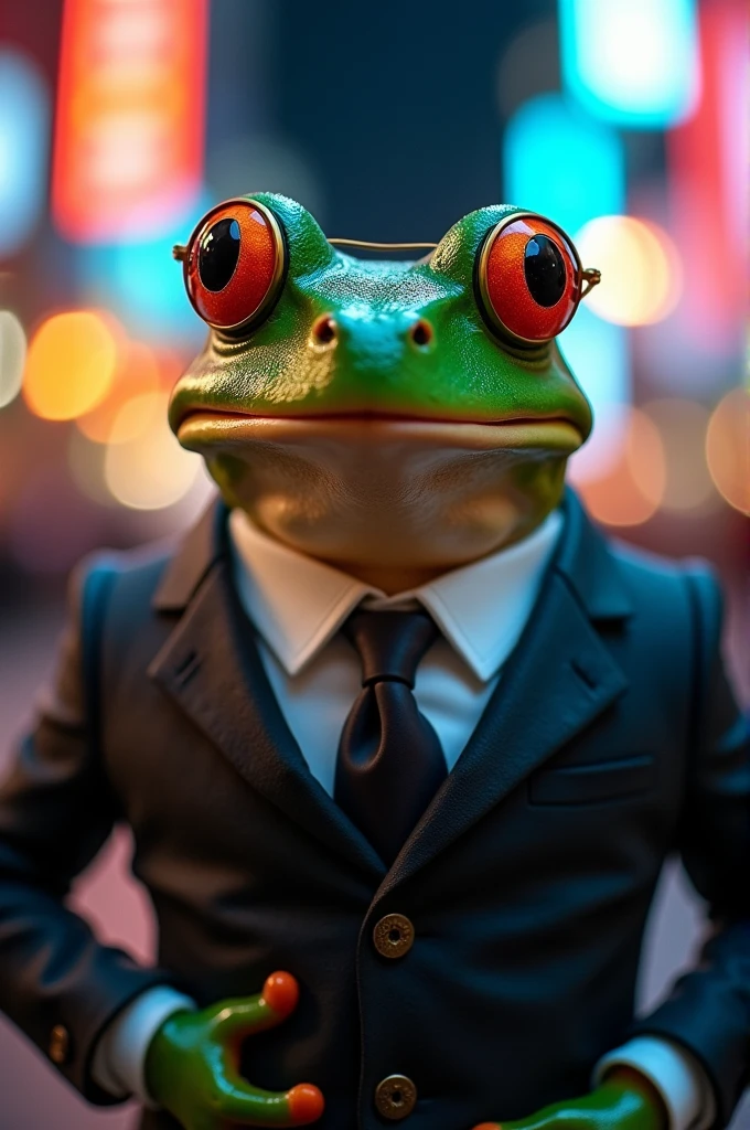 Create meme profile picture of a frog with suit and sunglasses and a grimace