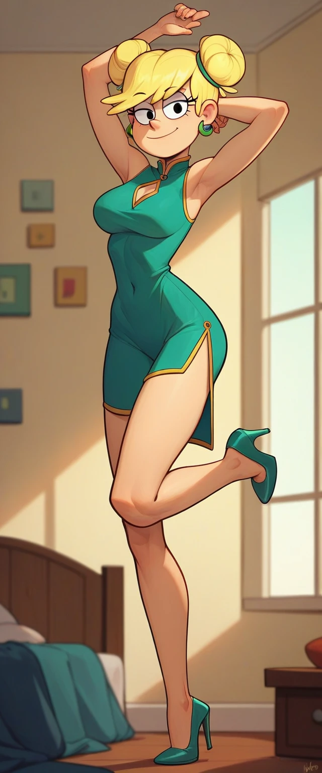 leni loud, 1girl, solo, 24yo girl, large breasts, green cheongsam, standing in a bedroom, looking at viewer, blonde hair, two hair buns , hands score_9, score_8_up, score_7_up, bodylifting one leg, high heels, hands ln the air