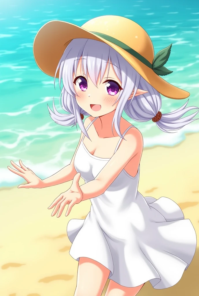 best quality, masterpiece, , ,short, huge breasts, white hair,low twintails, purple eyes, yukine chris, thin twintails,, beach, sea, white dress, white skirt, white one-piece, straw hat, (((shy))), (happy), leaning forward, summer, from above, reaching out, smiling,