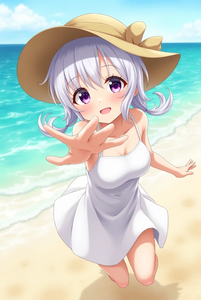 best quality, masterpiece, , ,short, huge breasts, white hair,low twintails, purple eyes, yukine chris, thin twintails,, beach, sea, white dress, white skirt, white one-piece, straw hat,  (((shy))), (happy), leaning forward, summer, from above, reaching out, smiling,
