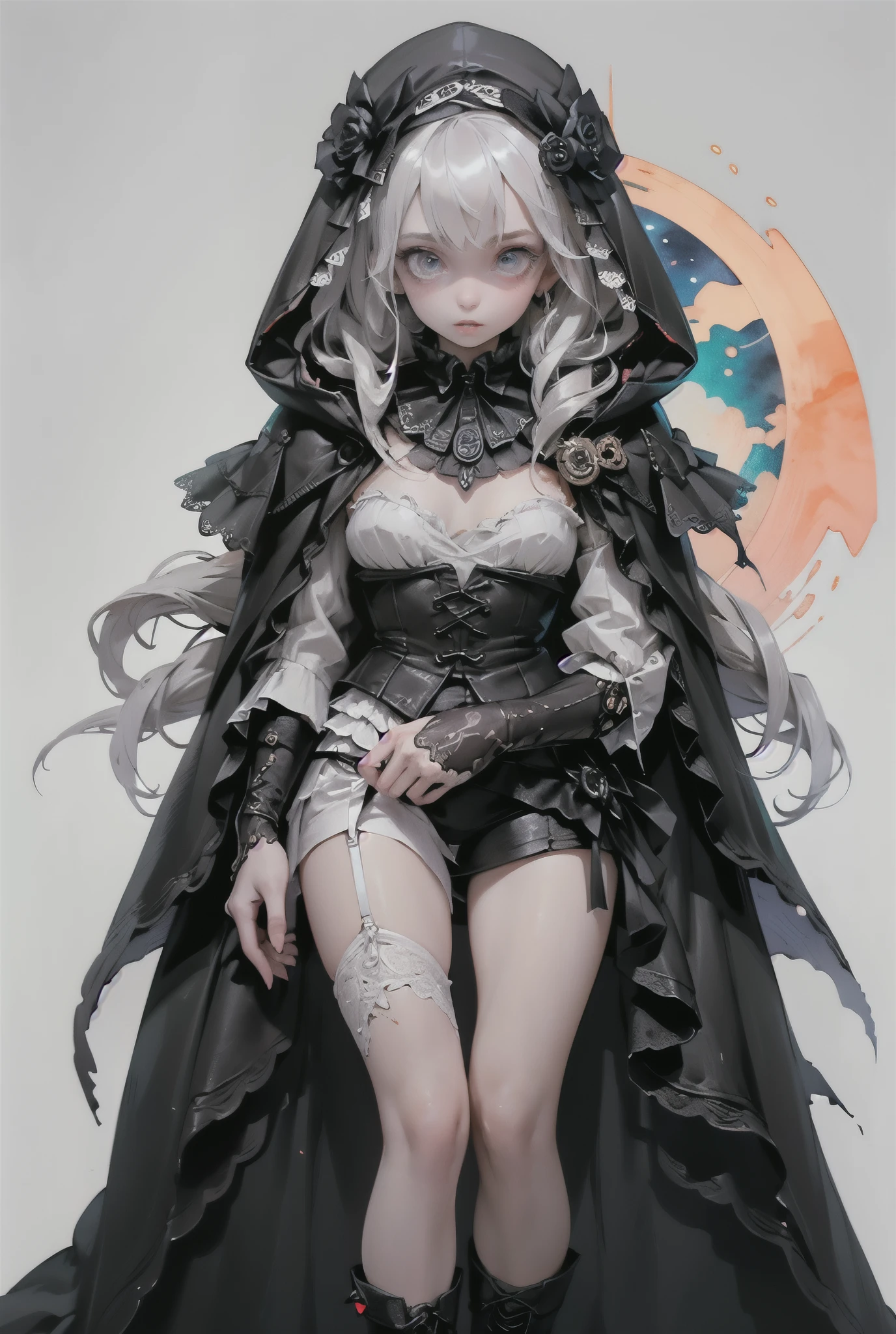 (((masutepiece, of the highest quality, super detailed))), a female knight of an occult order, minimal but intricate beautiful armour, Bloodborne inspired, tatty Bloodborne attire, occult aesthetic, occult, tatty red and white clothing detailed and intricate steampunk and detailed gothic (with a hood), Complex laced boots, Fluttering lace flared long knee length dress with frilly petticoats, long dress, knee length dress, pleated petticoats, petticoats, beautiful small breasts, (((flat chest:1.1))), (((( Highly detailed face))), (((Very sharp focused eyes))), very long eyelashes, Very dramatic and cinematic lighting, tatty damaged old red and white clothing, full body, whole body, body, cosmic horror, grim dark