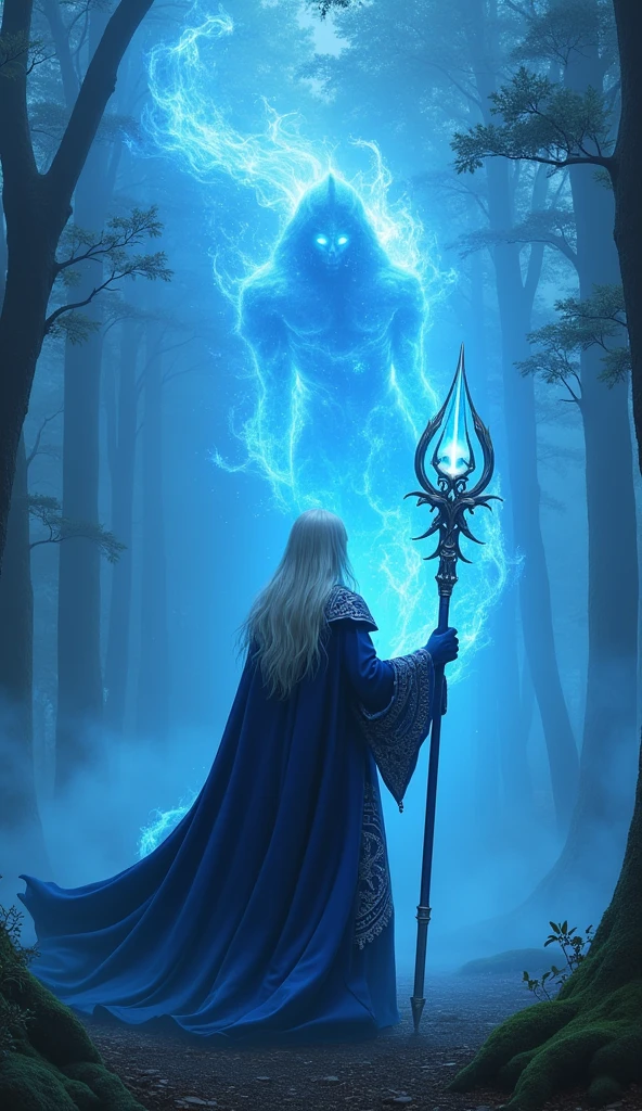 "A photo-realistic depiction of Mirage, a young male magician with long flowing platinum blonde hair, solemnly facing away from the viewer, standing in a mystical forest shrouded in swirling mist. He wears deep blue robes intricately embroidered with silver, and his pale blue eyes glow with powerful magical energy. He holds an ancient staff topped with a crystal, and his back is turned to the viewer, creating an air of mystery. In front of him, unseen to the viewer, a huge whirlwind of blue flames and energy is engulfing a giant foe as he prepares to unleash his 'Blue Cataclysm.' The forest background is filled with thick mist and a magical, otherworldly aura, all bathed in a blue hue."