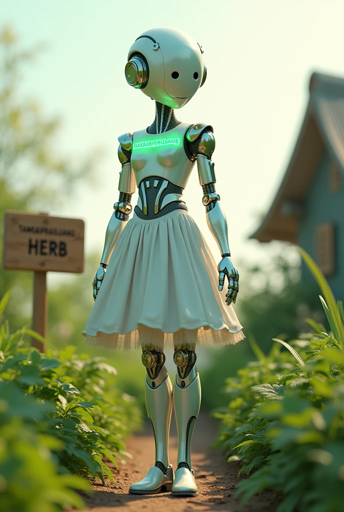 The beautiful female robot smiles slightly. The upper part of her dress has a tag that reads TAMRABPRAILUANG, glowing in a light green. She is enjoying the herb garden, which has a sign that reads... "TAMRABPRAILUANG HERB , 3d render white background