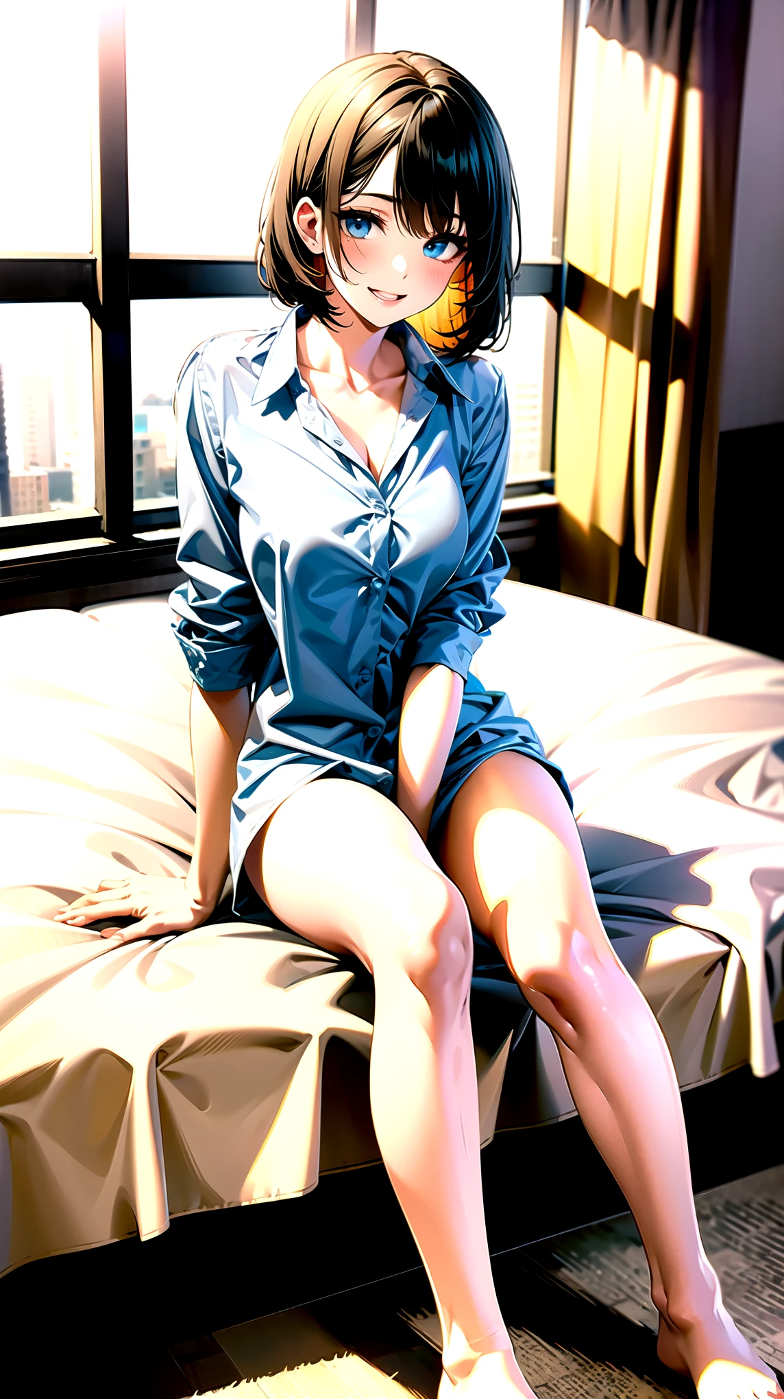 ((super high quality,Ultra-high resolution,4K,8k,super masterpiece,Ultra HD ,Detailed shading)),Full body photo,A room where the morning sun shines,Sit on the bed,1 high school girl,BOYFRIEND shirts,Roll up your sleeves below your elbows,Straight emerald blue semi-short bob,Side-swept bangs,Light blue eyes,Sharp gaze with raised eyebrows,smile,