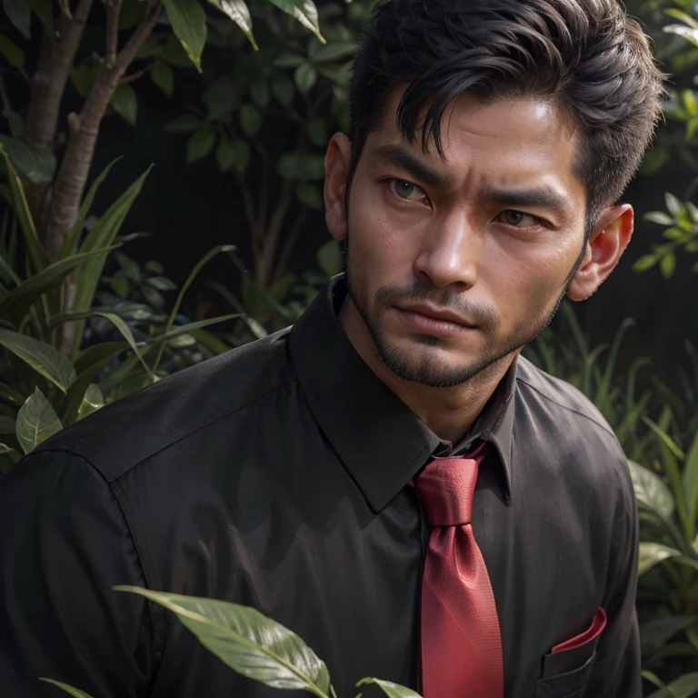 33 years old,One Man,、Handsome。Black Shirt、Red tie、、Dhaka - Fighters、Lookout、garden。On the grass、logic,Gay ,Very short hair、　,Asian Face,、　Handsome　　　Menacing look　Close-up of face