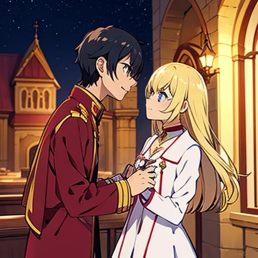1 boy with black hair, Red jacket and glasses romantically kissing a girl with blonde hair and blue eyes, white dress using a gold choker with a red crystal. Church at night in the background., True love, blushing cheeks, high quality 
