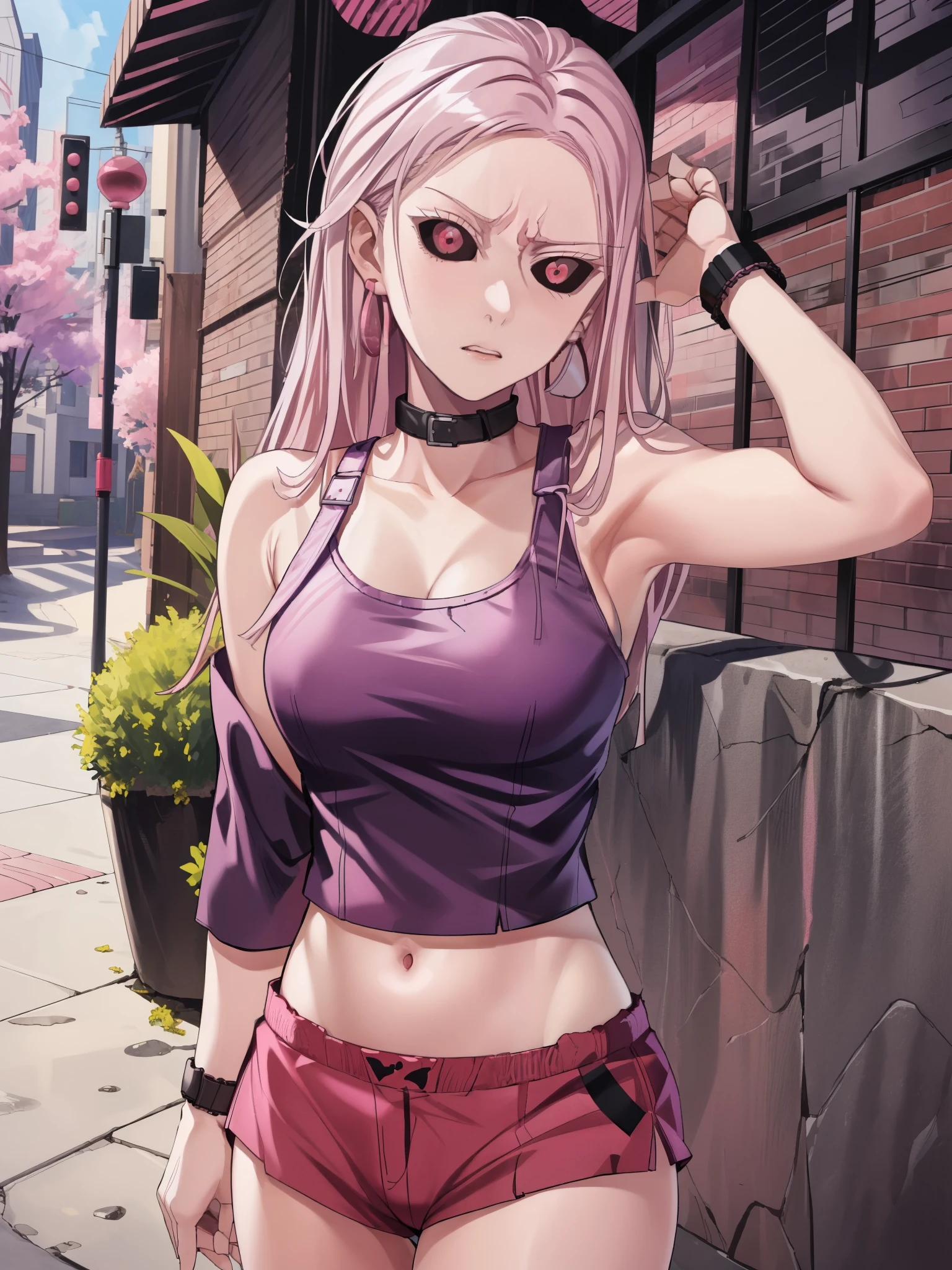 (masterpiece, best quality:1.2), Jujutsu kaisen style, (Takako Uro, takako_uro), (1girl, solo), (25years old, mature female), (pink long hair, wave hair), (red pupils, black sclera), red lips, (dissatisfied expression, disgust), (pink leotard top, casual leotard style top, medium breasts), red casual shorts, (neck band, wrist band), purple nail, outdoors