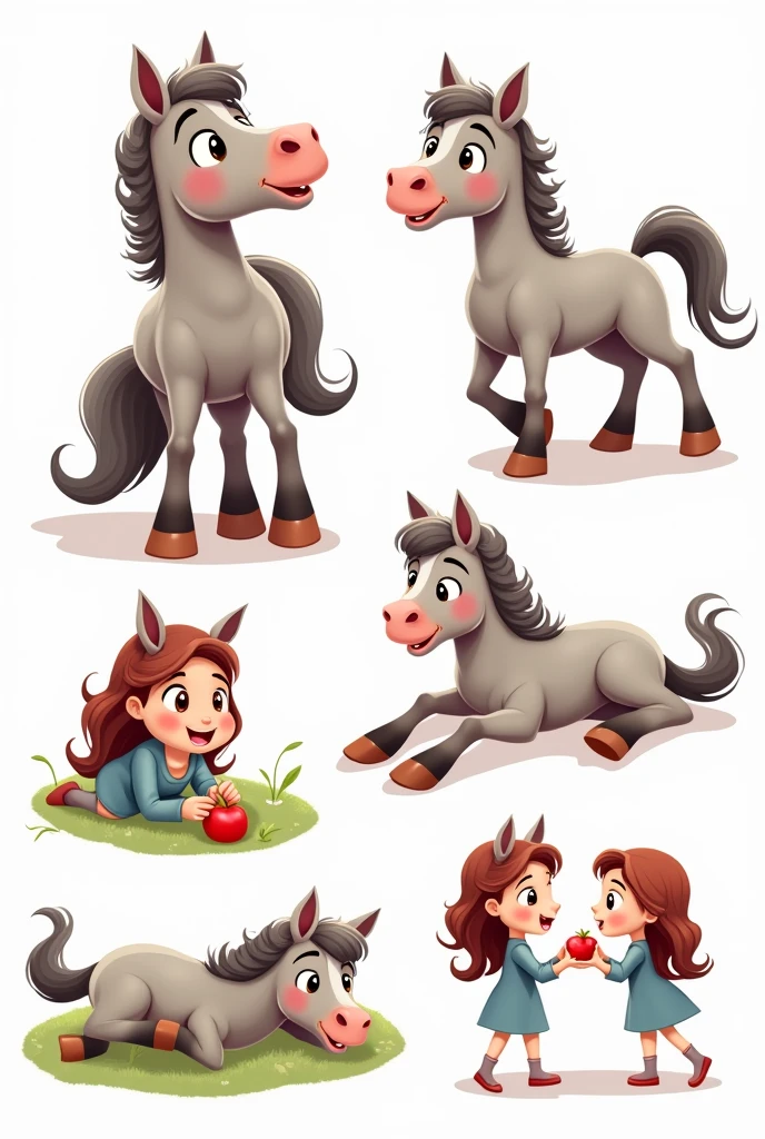 Illustration type cartoon sur fond transparent en se basant sur mon cheval (gris pommelé gris-marron sur tout le corps et la tête, crins gris clair, avec une tâche rose sur le bout du nez côté naseau gauche, yeux marrons) dans différentes positions : debout ; couché ; trottant ; en train de manger de l'herbe ; avec un humain (femme : coupe cheveux longs bouclés châtain avec un ombré hair clair, yeux noisettes) qui lui tend une pomme