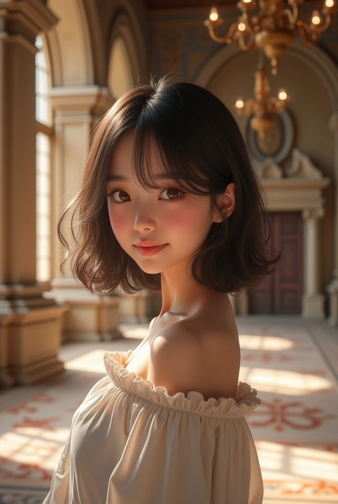 best quality, face focus, soft light, (depth of field) ,ultra high res, (photorealistic:1.4), RAW photo, (portrait:1.4) ,(from front)
1japanese girl, solo, cute, (shy, smile:1.1), (brown eyes), detailed beautiful face, (midi_hair),
The Great Hall of a European Castle, walking,
(off shoulder shirt)