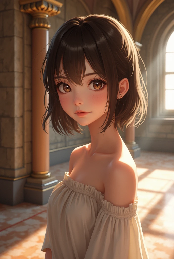 best quality, face focus, soft light, (depth of field) ,ultra high res, (photorealistic:1.4), RAW photo, (portrait:1.4) ,(from front)
1japanese girl, solo, cute, (shy, smile:1.1), (brown eyes), detailed beautiful face, (midi_hair),
The Great Hall of a European Castle, walking,
(off shoulder shirt)