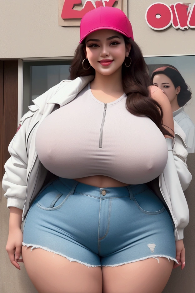 three extremely Tsk tsk tsk and large latino women hugging, huge bust, 250 pounds of sensuality, shorts, huge , Tsk tsk tsk-hips, smiling, BBW, plsize women, Tsk tsk tsk, Hands on shoulders, wearing a baseball cap, shirt, white jacket, voluptuous body, leaning back, huge breasts