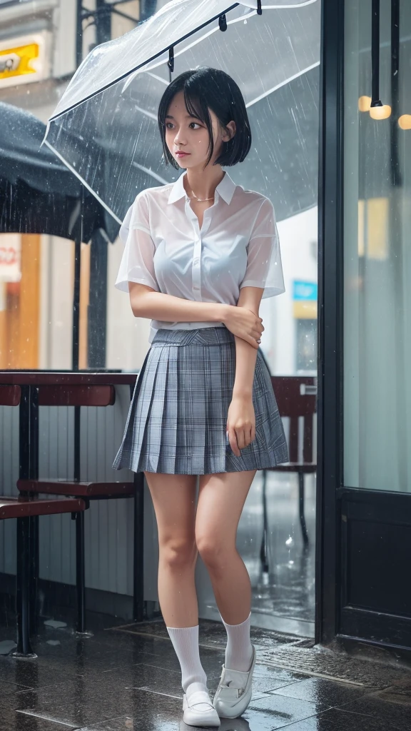(8k, Photorealistic, Raw photo, Highest quality: 1.4),Japanese idol-style beautiful girl,1 person,(Short Bob),(Black),She has her hair tucked behind her ears,(Raindrops dripping from hair: 1.1),Clear grey eyes,Eyes moist,Long eyelashes,(piercings(small)),(Lip gloss),lips(Plump,glossy),Skin that is as white and smooth as translucent porcelain,Thin and delicate shoulders,thin abdomen,(Open-collar shirt(White,Short sleeve)),(bra(Pink)),(Pleated skirt(Plaid)),(socks(Dark blue)),(loafers),summer,On the way home from school,(It is raining suddenly),(Taking shelter under the awning of a cafe),(Soaked from head to toe),(Shirt wet and clinging to skin, translucent),(Raindrops are dripping down her chest.),(Stand with your feet together),(She looks out at the rainy street),(A cafe window as a backdrop),(A view from across the street, from her perspective),(Medium-range shooting),(Snap a full body shot)