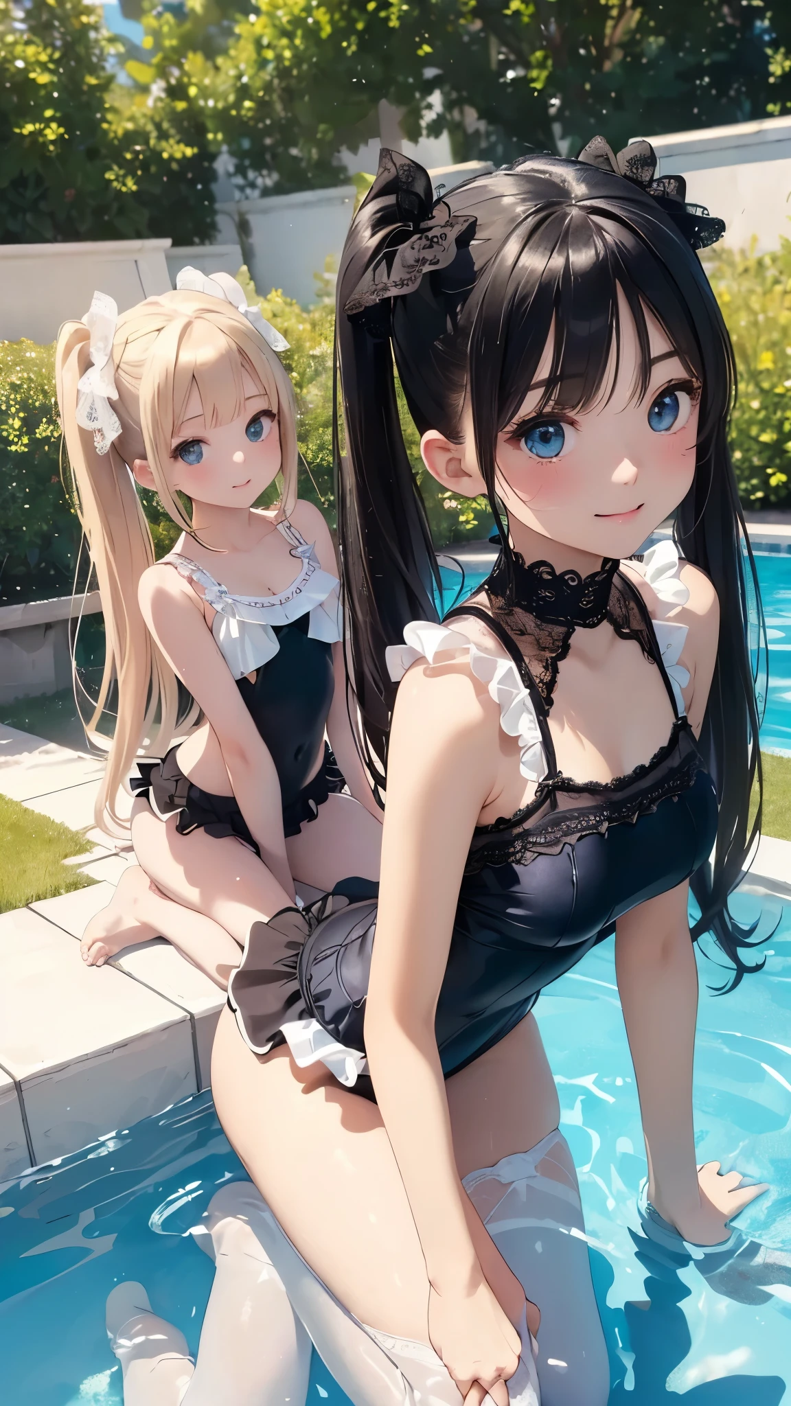 ((masterpiece)), ((highest quality、Ultra high definition)), (Very detailed),(8k、Photo quality)、((Amazingly cute girl)),-yeld gi), Two people, , (Beautiful emerald blue eyes), ((smile、Small breasts)),In the open-air bath overlooking the sea, Beautifully arranged black hair in twin tails、Slim Body、(((Cute swimsuit with lace and frills)))、Professional Lighting、(White lace knee-highore detailed and beautiful)、(More details and cutenesore realistic)、((Just wear light clothing))、Frolic in the pool、((unbelievably cute))、((A cute pose))、((Front and back view))、((At dusk))、(Have a drink to stay hydrated)、