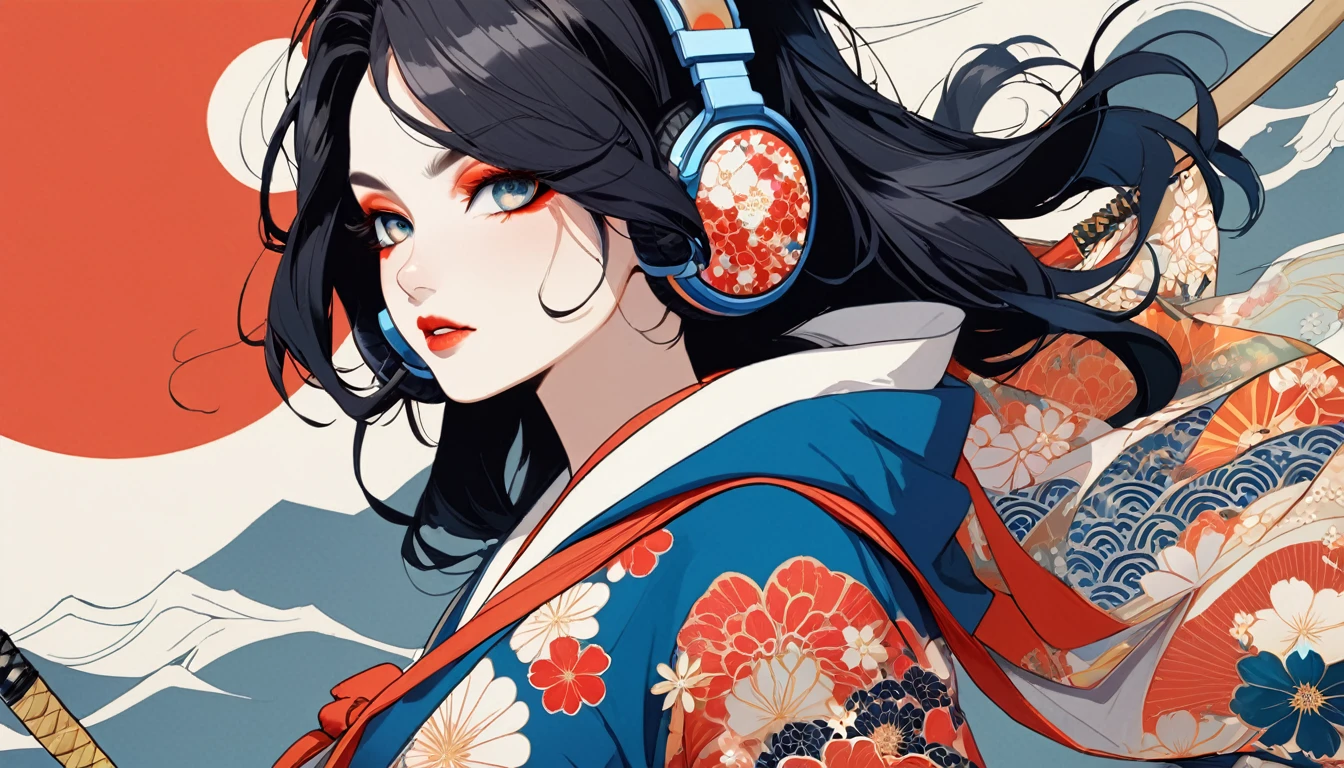 (((1 girl))), (((Flashy makeup))), (((Japanese style headphones))), (((Japanese pattern hoodie))), (((Female samurai))), Japanese beautiful girl,big breast, Black Hair, Delicate and precise, Modern ukiyo-e style,Japanese sword, Japanese flag, red and blue neon