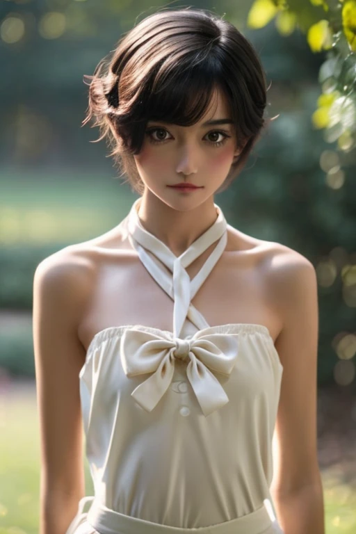 Girl, naked, Skinny body, small bust, short hair, Very curly, very detailed face, ribbon on his neck, standing,