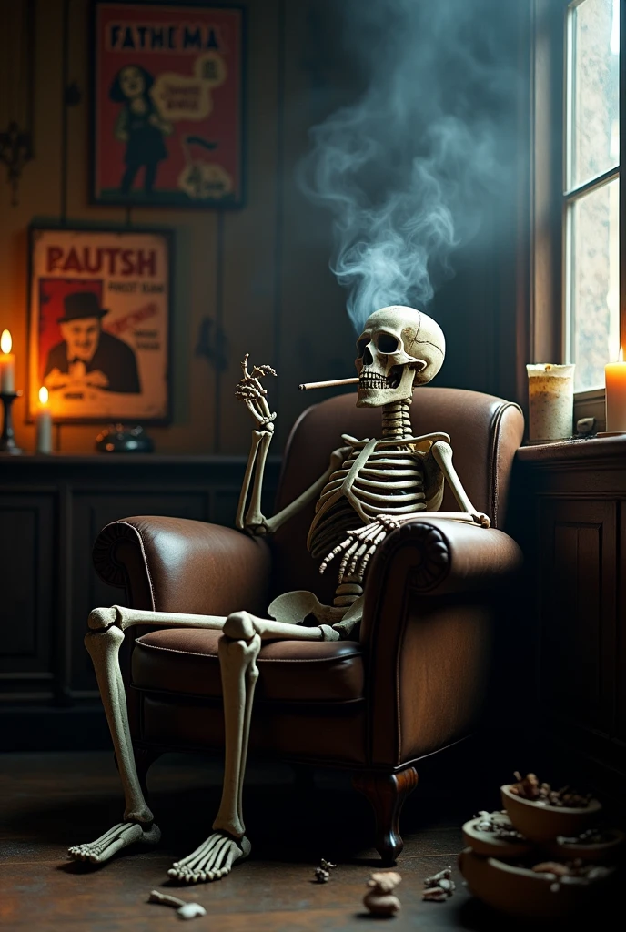 A skeleton smoking cigarettes sitting on a chair