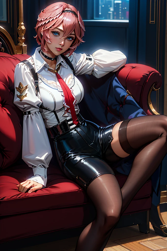 2d, masterpiece, best quality, highly detailed face, highly detailed eyes, highly detailed background, perfect lighting,  takane lui, full body,  white shirt, hairband, choker, red tie, black shorts, medium breasts, blue eyes, pantyhose, cleavage, thigh, short skirt, sexy, cleavage, thigh, short skirt, sexy