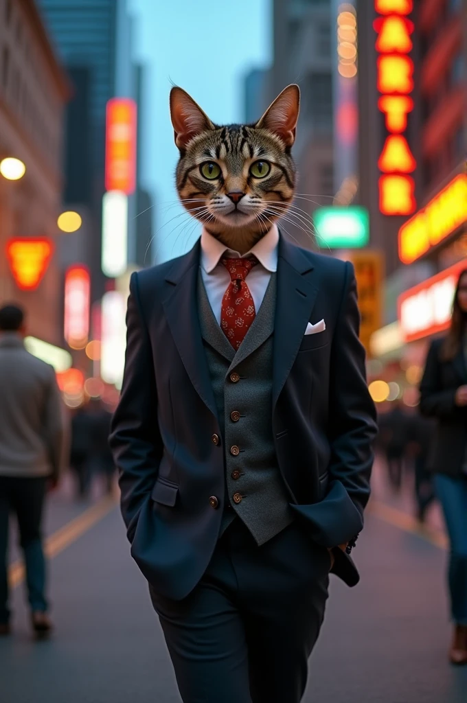 Bipedal cat wearing a suit and tie